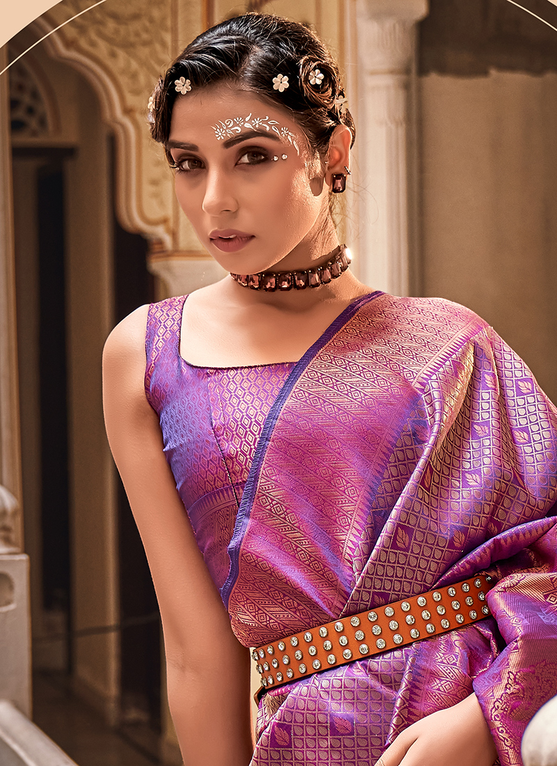Wine Purple Weaving Silk Printed Traditional Saree